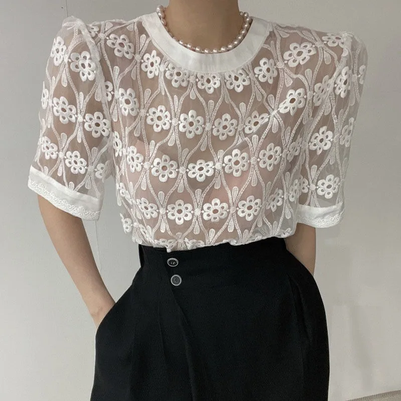 Neploe Vintage Lace Embroidery Blouses Summer See Through Mesh Shirts Women 2024 New Short Sleeve All-match Blusas Mujer