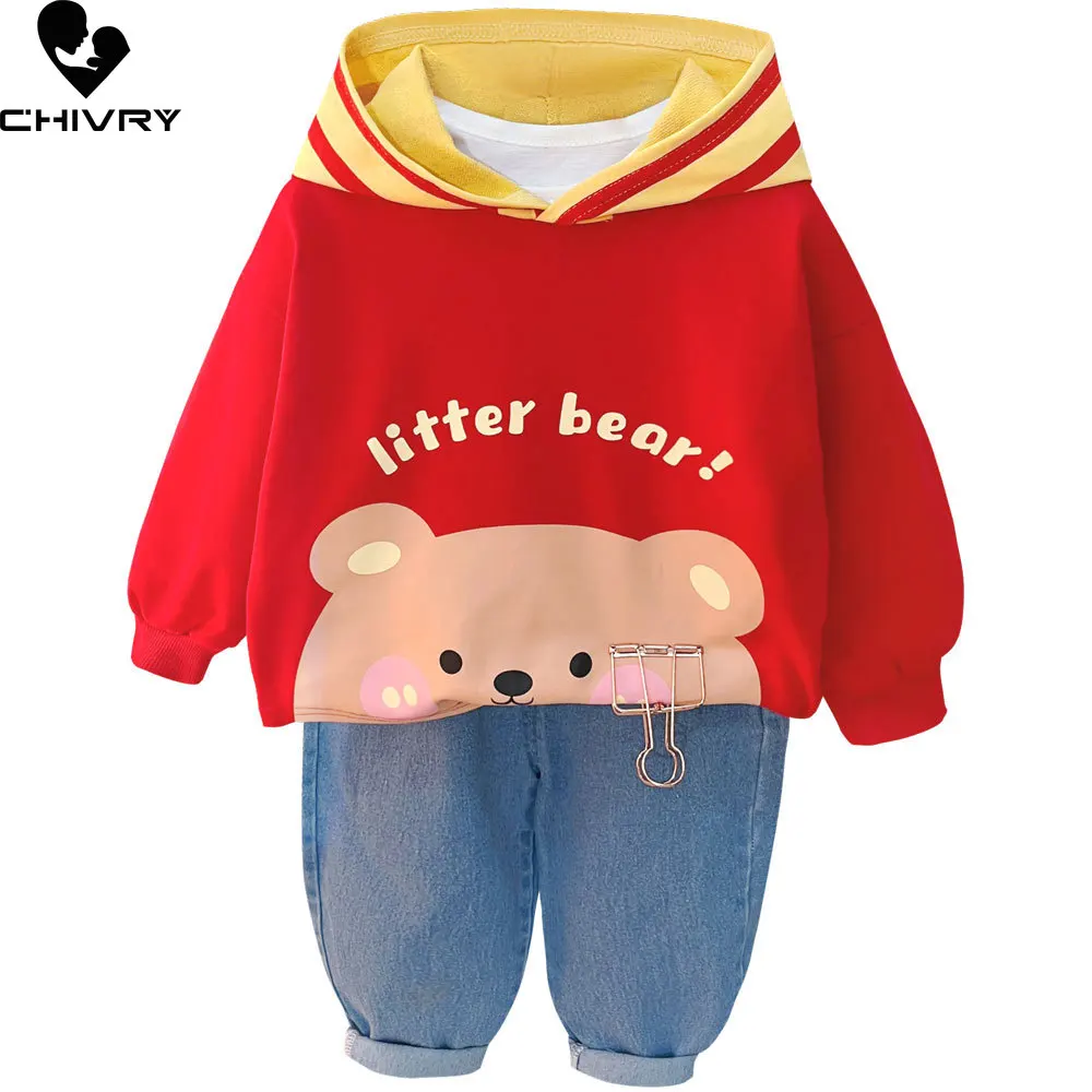 Nieuwe 2023 Kids Baby Lente Herfst Schattige Cartoon Konijn Capuchon Sweatshirt Tops Met Denim Broek Jongens Meisjes Mode Kleding Sets