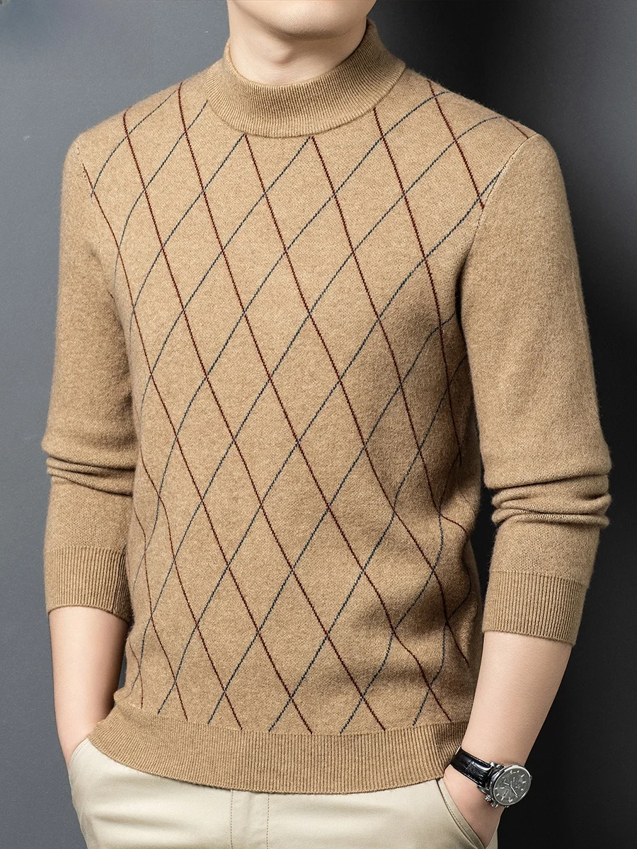 

Мужской утепленный шерстяной свитер Hengyuanxiang с высоким воротником, ромбовидной вязкой, повседневный, зимний, модный, из мягкой шерсти, с геометрическим узором
