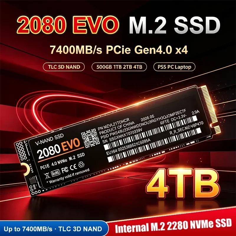 SSD M.2 NVMe para jogos, 2080 EVO, PCIe 4.0 X4, 7400 MB/s, TLC, 3D NAND, 2280, unidade interna, 500 GB, 1 TB, 2 TB, 4 TB, para PS5, portátil, computador de mesa.