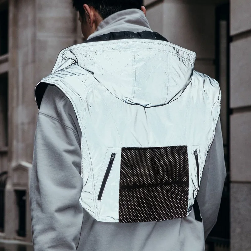 Reversible Sports Vest Reflective Sleeveless Hooded Jacket Men Quick Dry Running Jogging Hiking Climbing Cycling Hoodies Jackets
