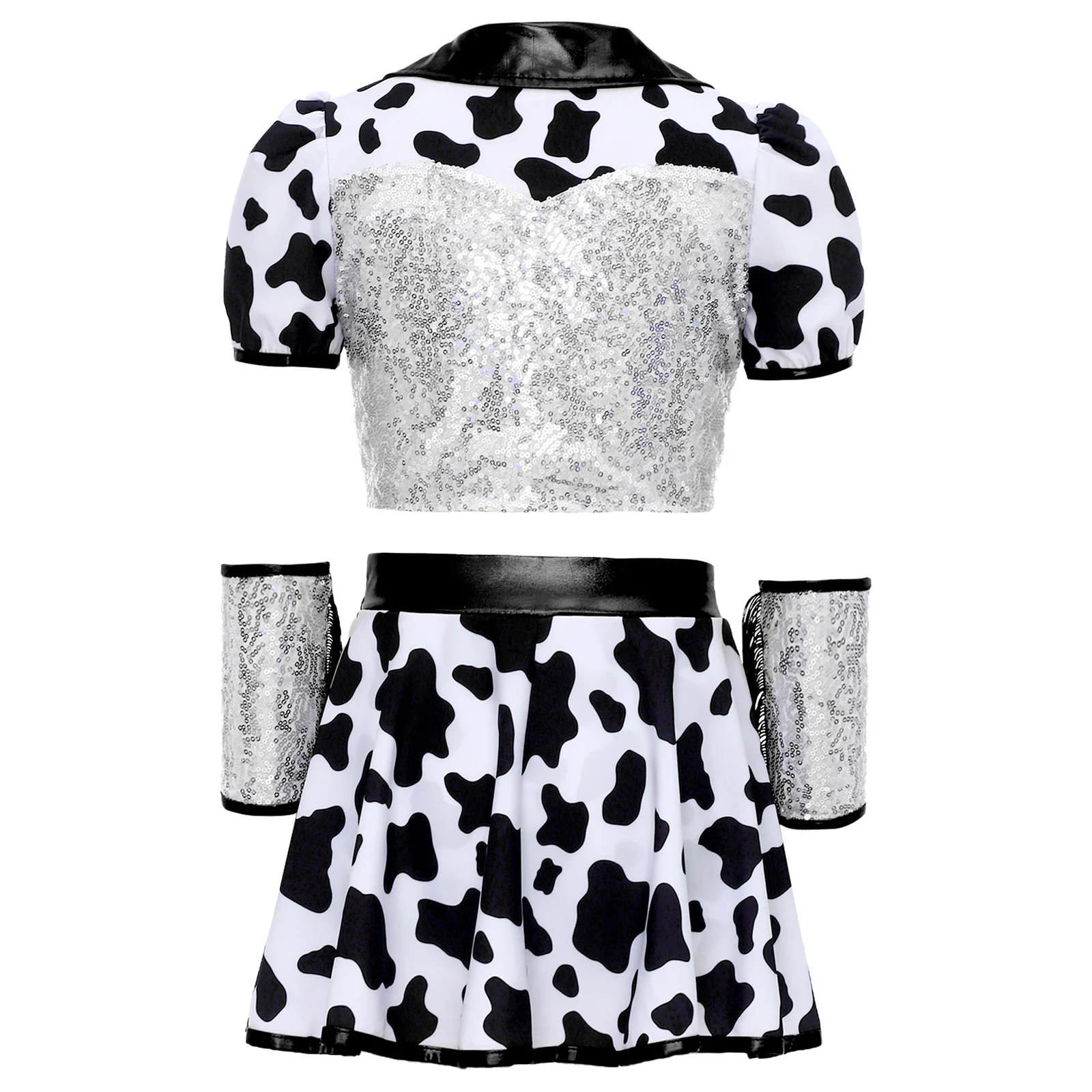 Girls Print Cowgirls Costumes Outfit Shiny Sequins Cow Printed Fringed Crop Top with Shorts Skirt Wrist Cuffs Halloween Costume