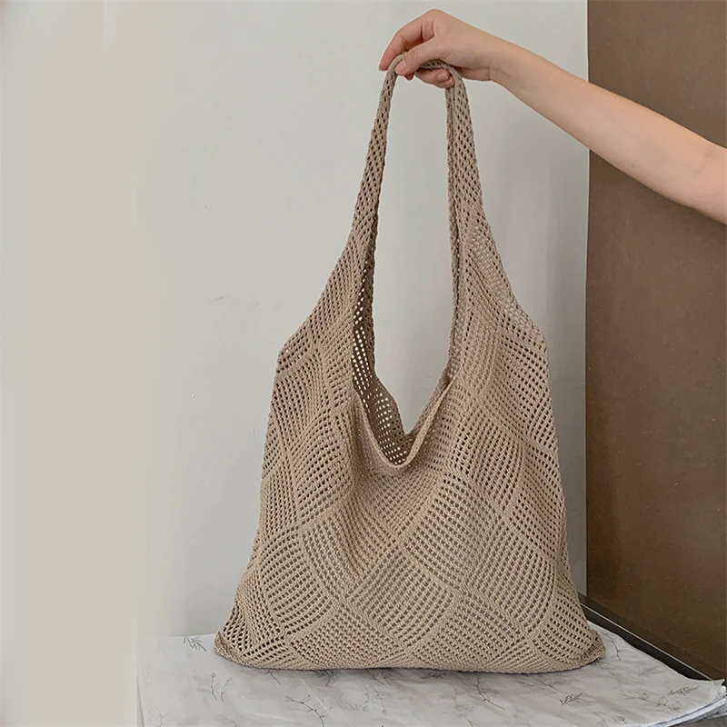 New Fashion Large Capacity Knitted Handheld Bag Knitted Shoulder Shopping Bag For Women Travel Crochet Bags image 5