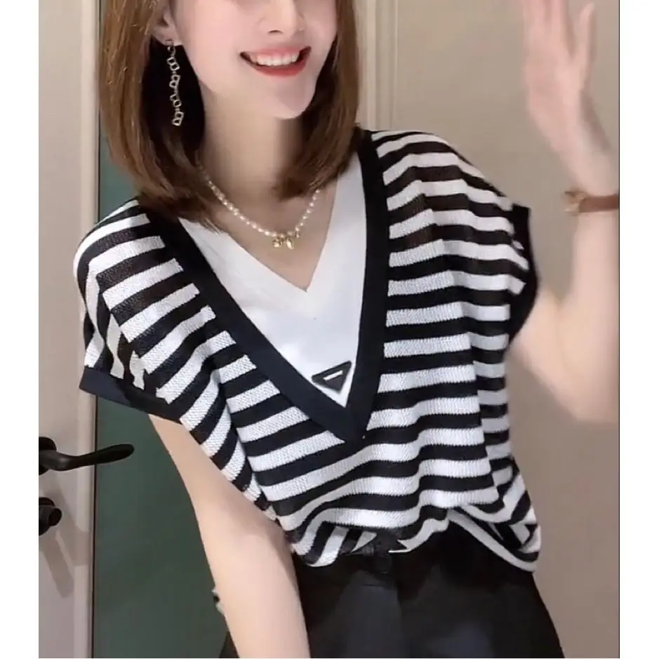 T Shirt for Women Baggy Mesh Striped New in Knitwears Short Sleeve Summer Outfit Tops Woman Y2k Clothes Polyester Sale Youthful