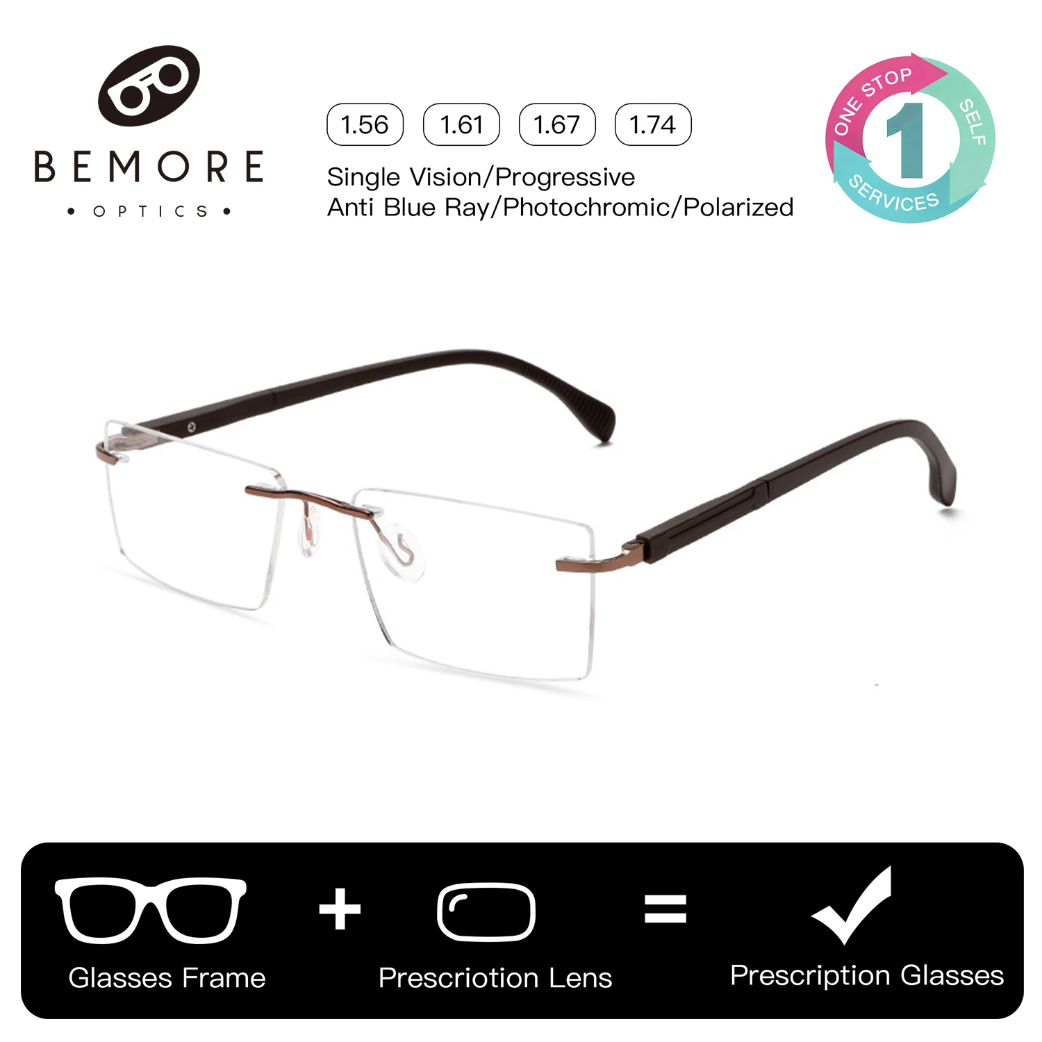 

BEMORE Rimless Myopia Lenses Glasses For Unisex Men Women Alloy Photochromic Anti Blue Light Optical Prescription Eyeglasses