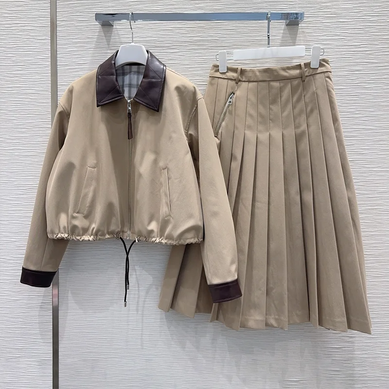 

High-quality fine-spun yarn quilted leather coat + mid-length skirt women's two-piece set with embroidery 25101319