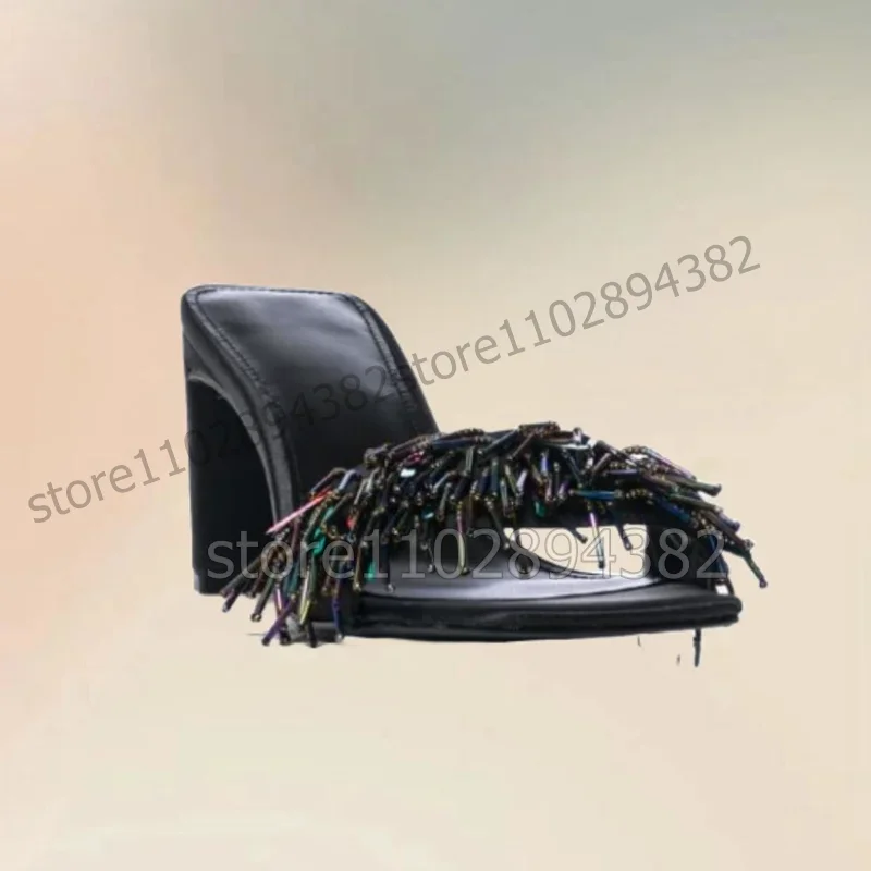 

Crystal String Decor Black Open Toe Slippers Slip On Women Shoes Chunky High Heels Novel Fashion Party 2023 Zapatos Para Mujere