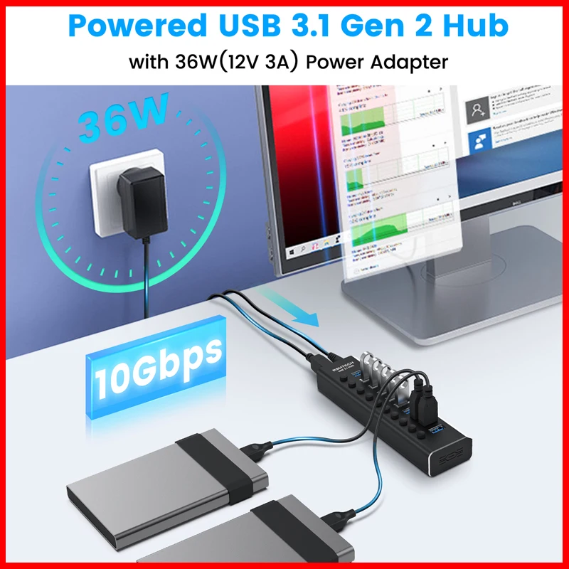 Imagem -02 - Rshtech Usb Hub 10 Portas Usb 3.2 Gen Expansor 10gbps 36w 12v 3a Adaptador de Alimentação Alumínio Usb c Hubs Divisor para Computador Portátil