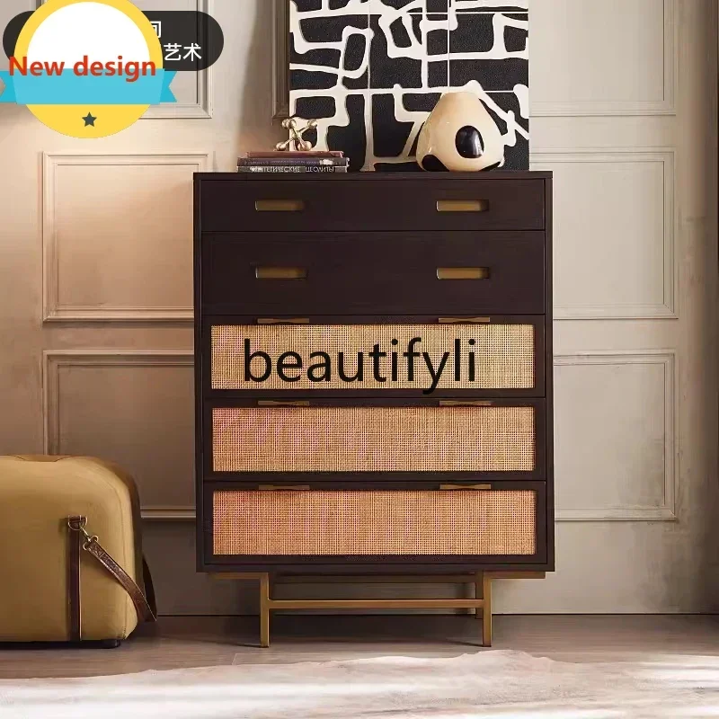 Hot sales Modern simple medieval retro old solid wood oak rattan chest Nordic porch six side cabinet