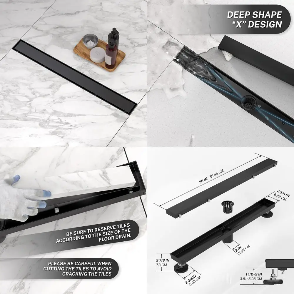 

Stainless Steel 36 Linear Shower Drain with Dual Flat and Insert Covers for Rectangular Shower Floors