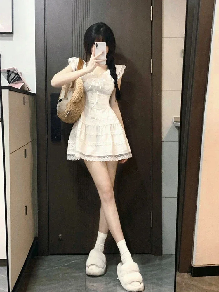 Lolita Sweet White Kwaii Cute Mini Dress Summer Lace Y2k Coquette White Lace Design Princess Short Dresses 2024 Fashion