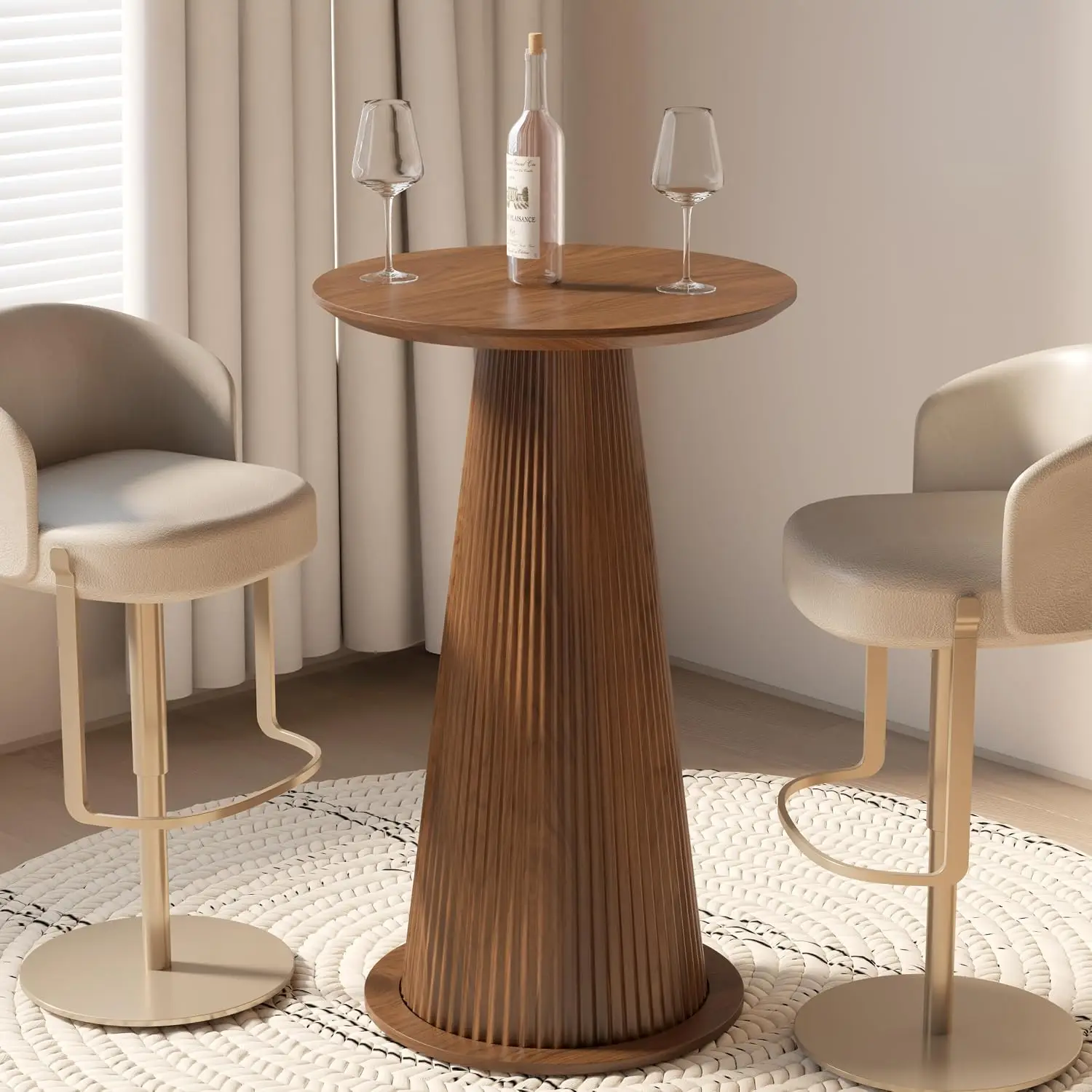 Round Bar Table 39''H Wood Bistro Pub Table Fluted Base Modern Coffee Cocktail Table Living Room Small Space Walnut, Customized