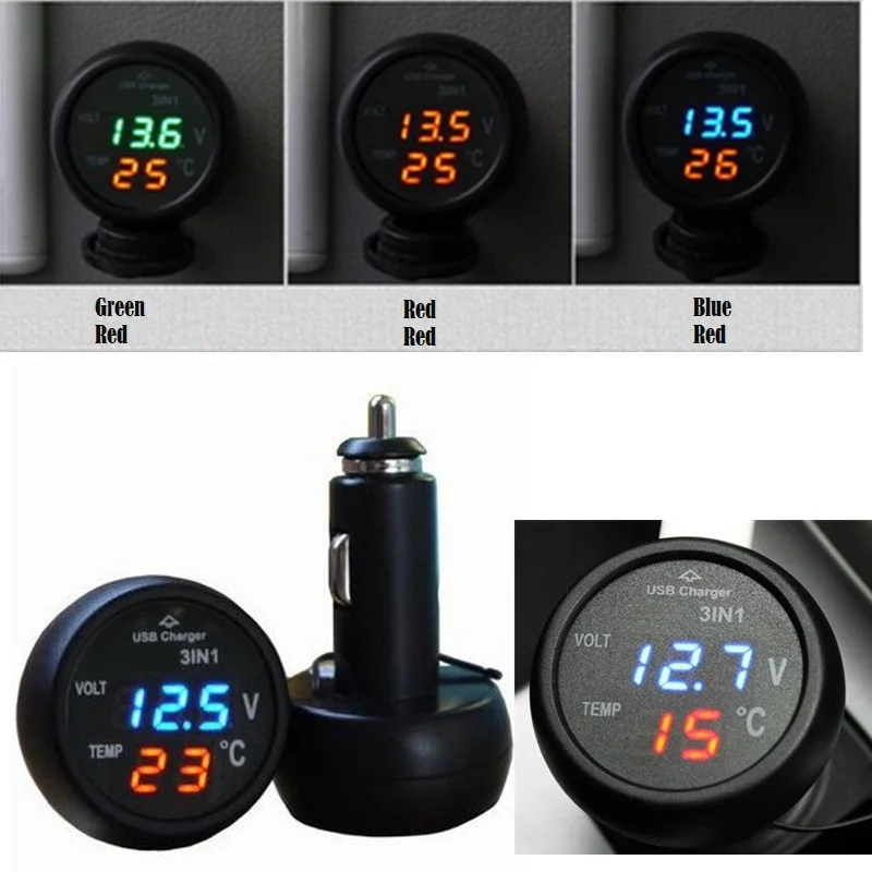 3 In 1 Car Voltage Meter USB Charger Temperature Monitor 12V 24V LED Light Digital Voltmeter Thermometer Cigarette Ligter Gauge