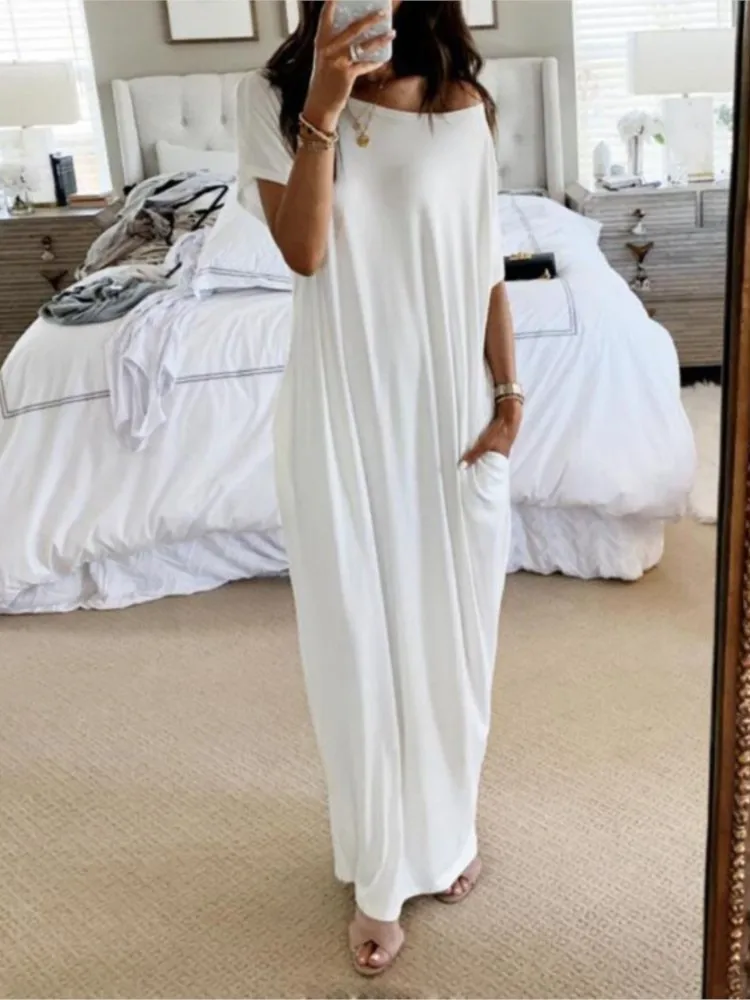 Summer New Women's Solid Color Short Sleeve Sexy Off Shoulder Slant Neck Fashion Bat Sleeve Long Casual Loose Comfortable Dress