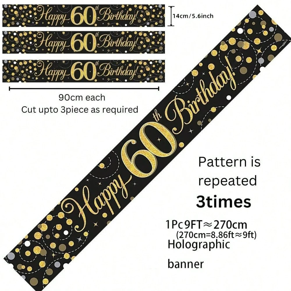Schwarz-Gold Happy Birthday Banner, 9 Fuß Zuschneidbar mit Glitzerpunkten-Design für 18., 21., 30., 40., 50., 60. Party-Dekoration – Detail 13