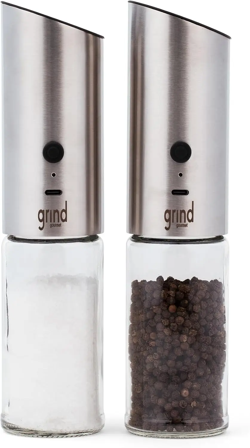 

Electric Salt and Pepper Grinder Set, USB Rechargeable, Adjustable Coarseness, One-Handed Operation, Stainless Steel and Glass