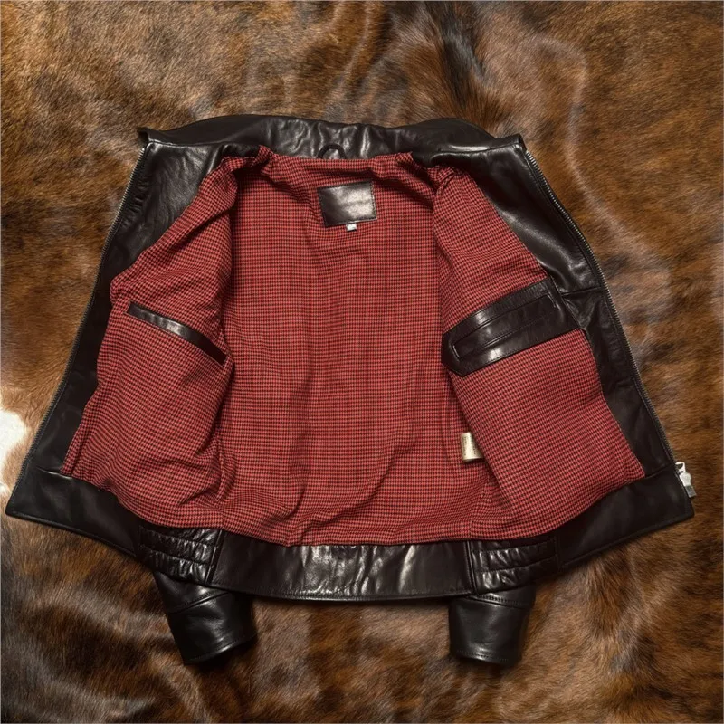 Full-grain wax-dyed calfskin mechanic leather men's short lapel style