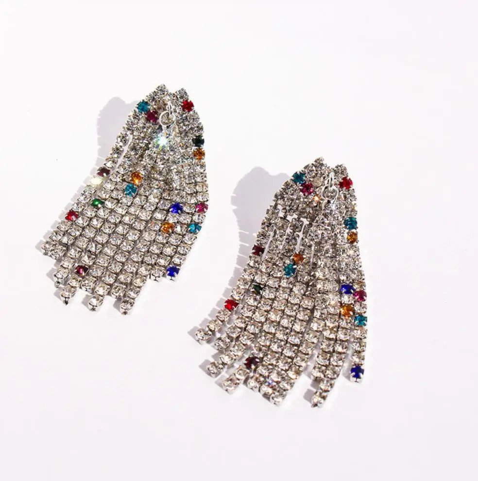 Colored zircon chain layered smart tassel earrings banquet daily sparkling ear accessory for lady