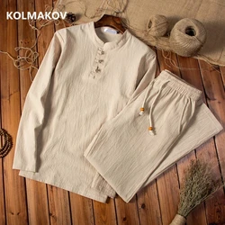 (Shirt + trousers) 2024 autumn fashion men shirt spring Man Cotton and linen shirts long sleeve men's casual shirts men M to 5XL