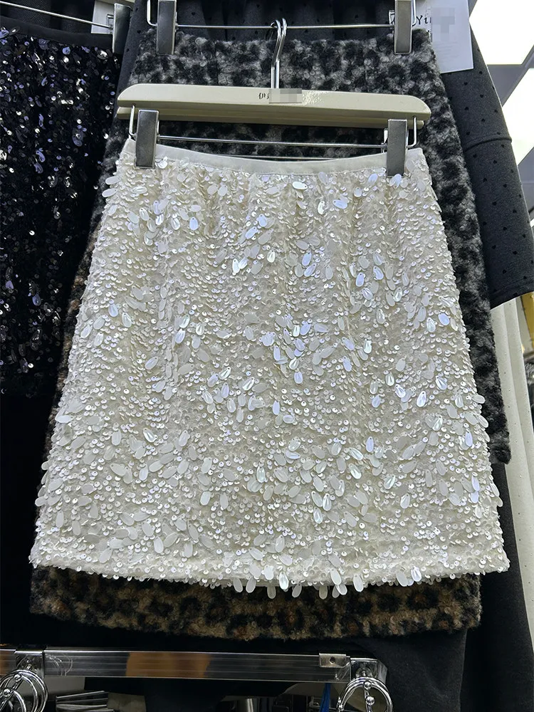 Sense heavy industry sequined skirt women's 2025 autumn and winter new elastic waist versatile A-word skirt