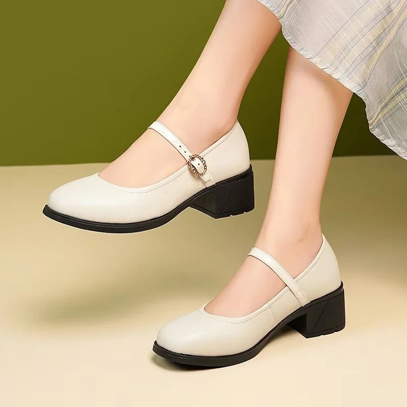 

4,5 см винтажные дышащие удобные туфли Мэри Джейн из натуральной кожи, весна 2023, туфли на среднем квадратном каблуке для офиса, мамы, работы, танцев