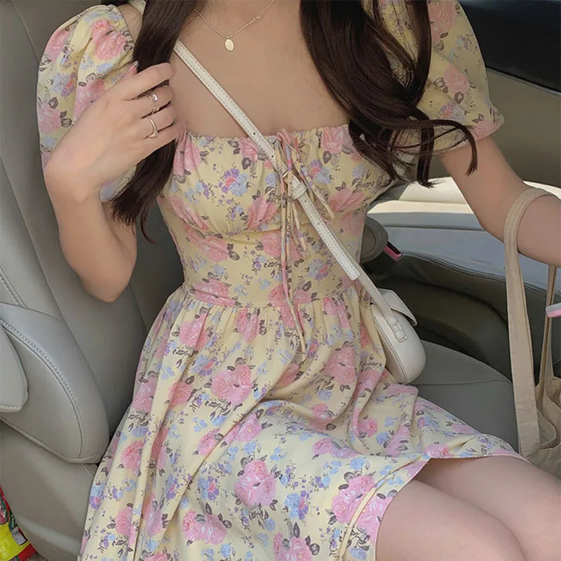 Floral Print Dress Women Elegant Square Neck Sexy Split Dress Fashion Sweet Puff Short Sleeve Summer Casual Dress