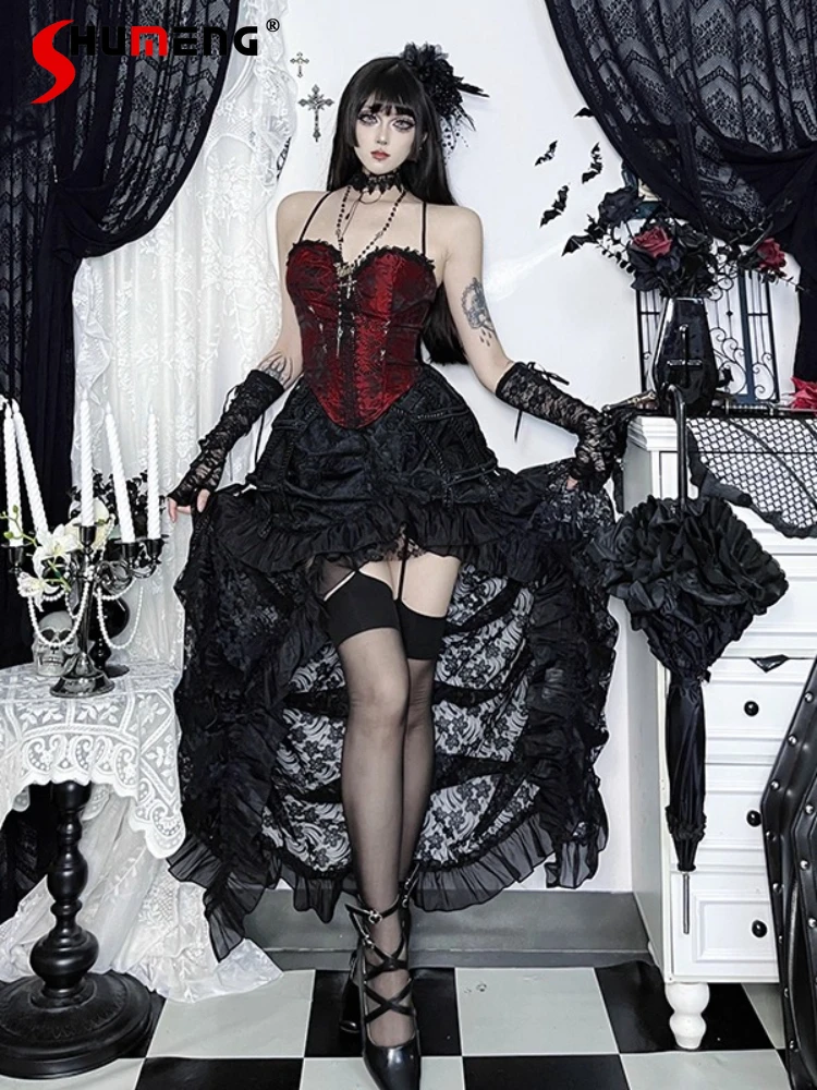 

Темный готический костюм для косплея на Хэллоуин во французском стиле, тонкие топы без рукавов для девочек, кружевные юбки с высокой талией, комплект из двух предметов для женщин