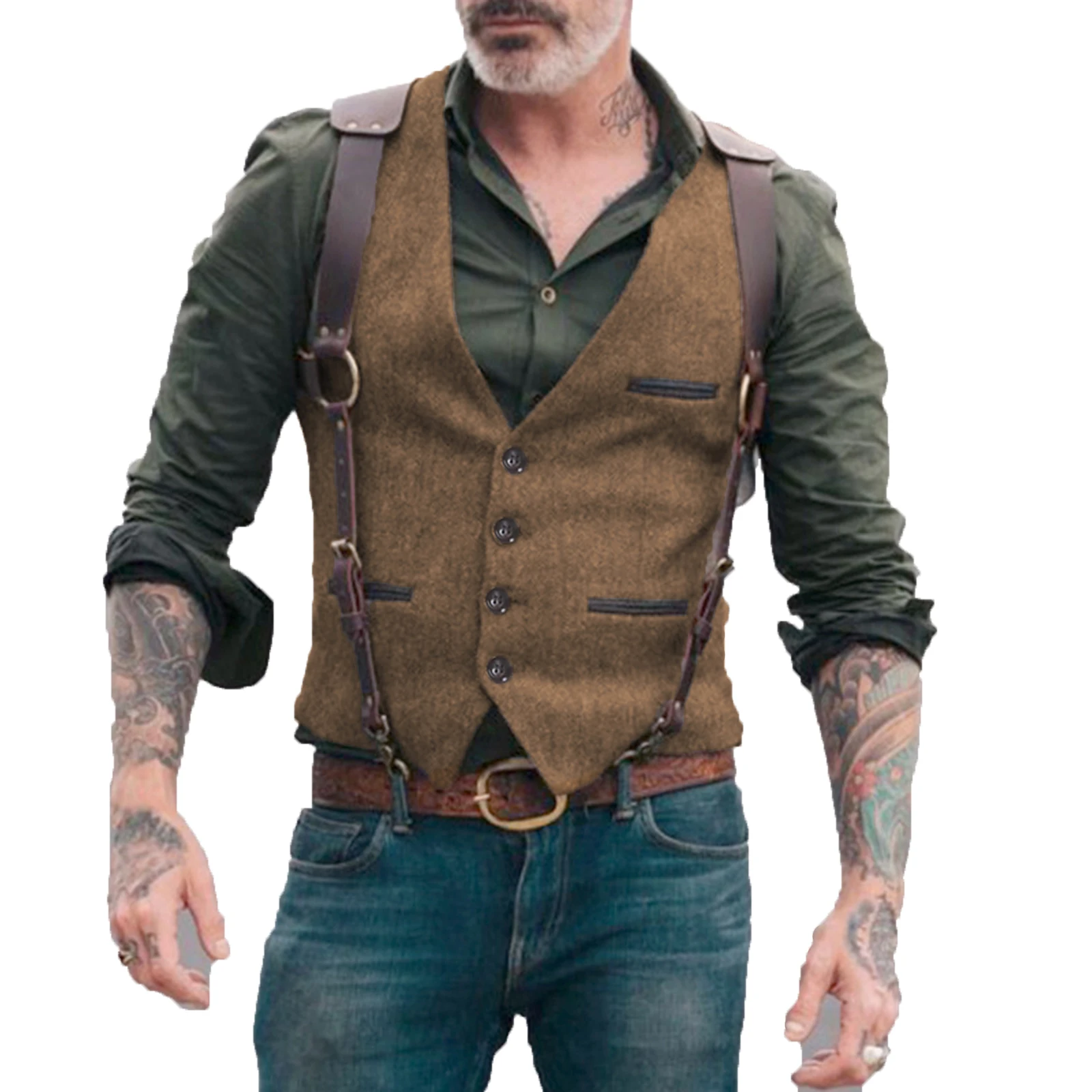 Men\'s Suit Vest Herringbone Tweed Business V Neck Formal Waistcoat for Wedding Suit or Tuxedo