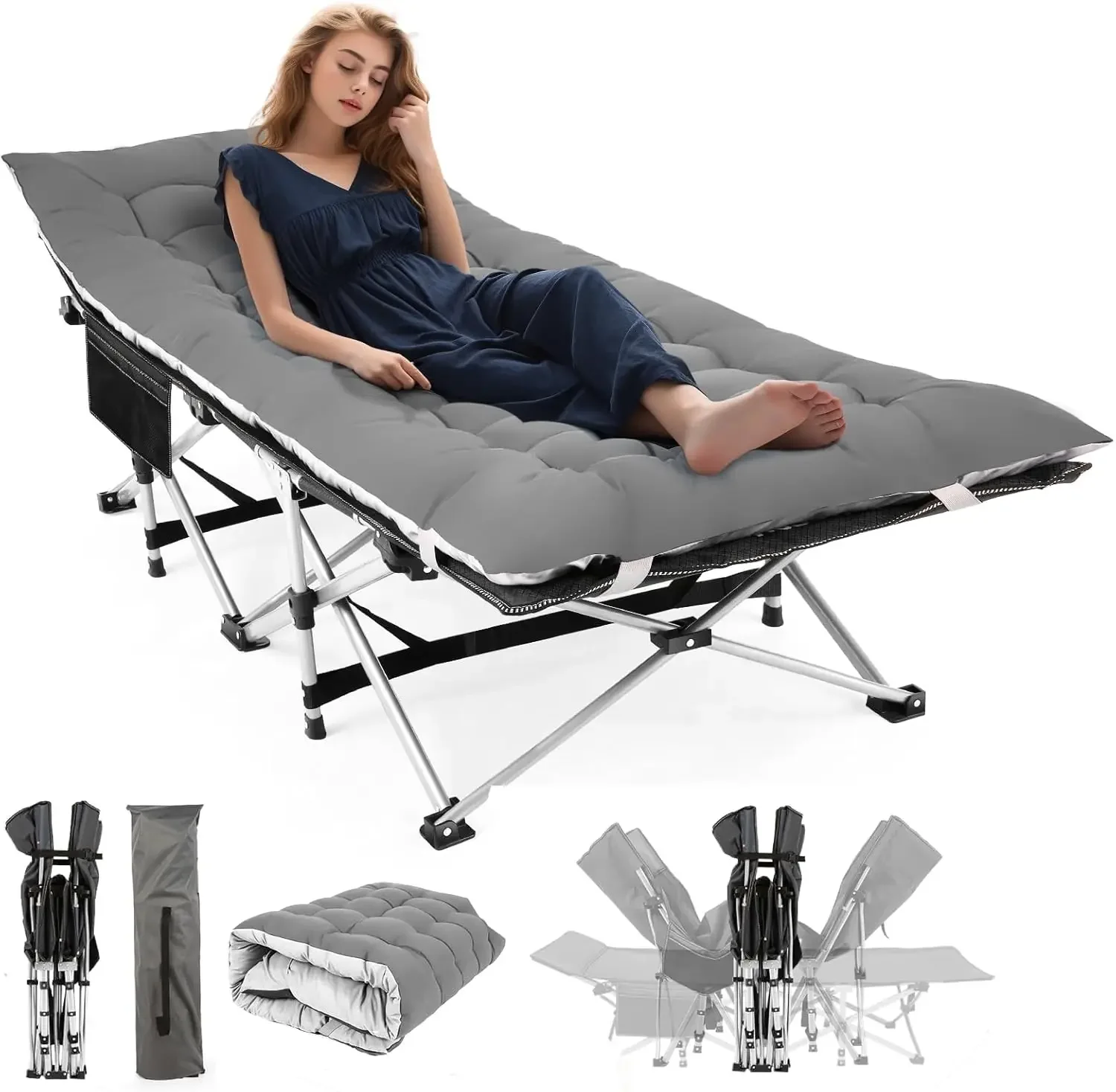 Portable Folding Camping Cot, Adjustable Adults Reclining Chaise with Pillow