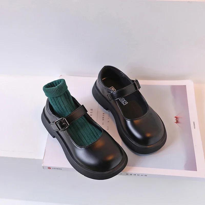 2024 New Black Girls Loafers for School Uniform Simple Round-toe Non-slip Round-toe Kids Versatile Soft Leather Shoes Children