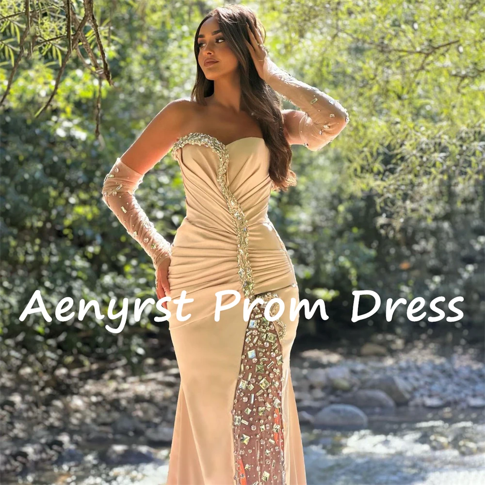 Aenyrst Sweetheart Crystal Saudi Arabia Evening Dresses Mermaid Pleated Detachable Sleeves Prom Dress Floor Length Party Gowns