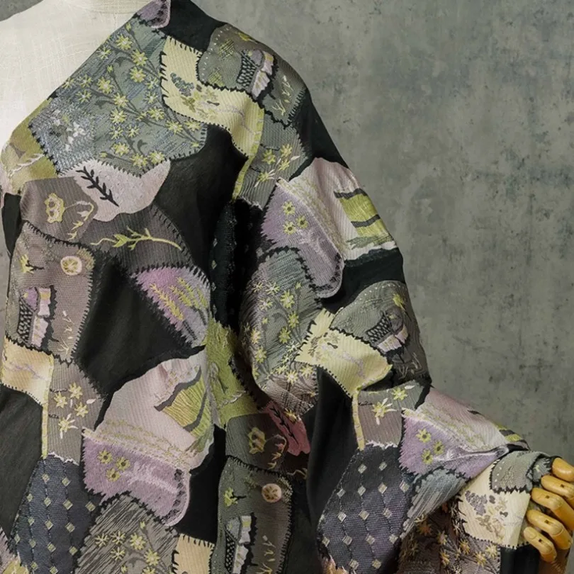 مرقع الأزهار مايكرو الجاكار النسيج شير خمر قاسية المنسوجة لفستان ثوب معطف الرجعية أزياء الربيع الصيف #3