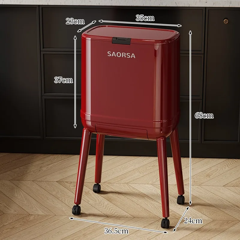 Kitchen Trash Can with Wheels and Lid, 16L High Foot Rolling Waste Bin with Drawer Storage, No Bend Needed, Large Capacity