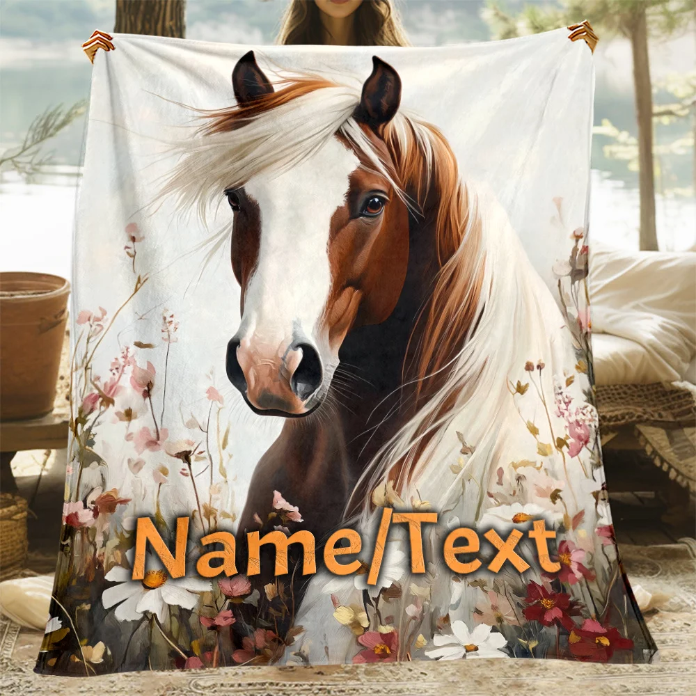 Nombre personalizable Texto Cómoda manta de franela con diseño de caballo marrón y flores Sofá dormitorio suave y ligero