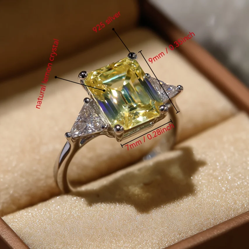 SGARIT 7x9mm Emerald Cut Lemon Quartz Ring S925 Sterling Silver Lab Gemstone Engagement Party Fine Jewelry for Women