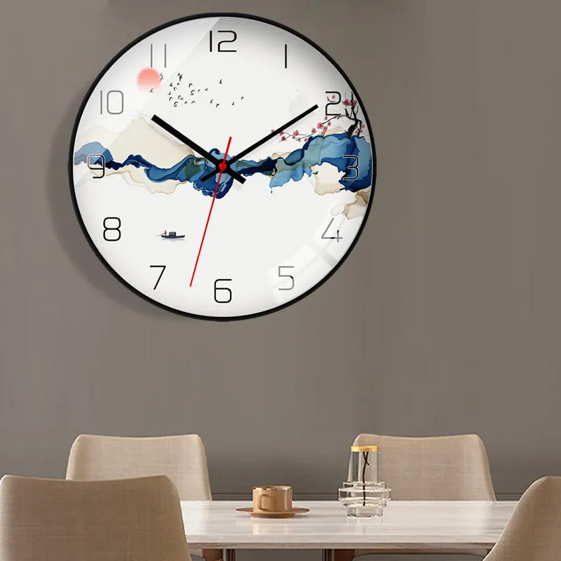 Premium Stylish Modern Chinese Ink Painting Style Wall Clock, Creative Minimalist Silent Quartz Timepiece for Living Room Home
