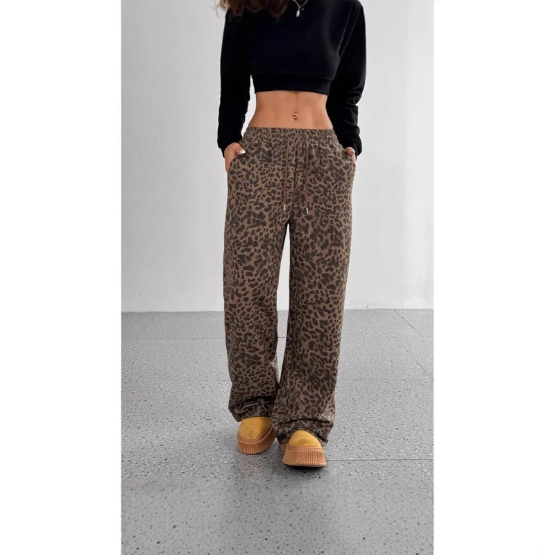 2026 Spring and Summer Women's High-waisted Wide-leg Pants Loose Leopard Print Trousers