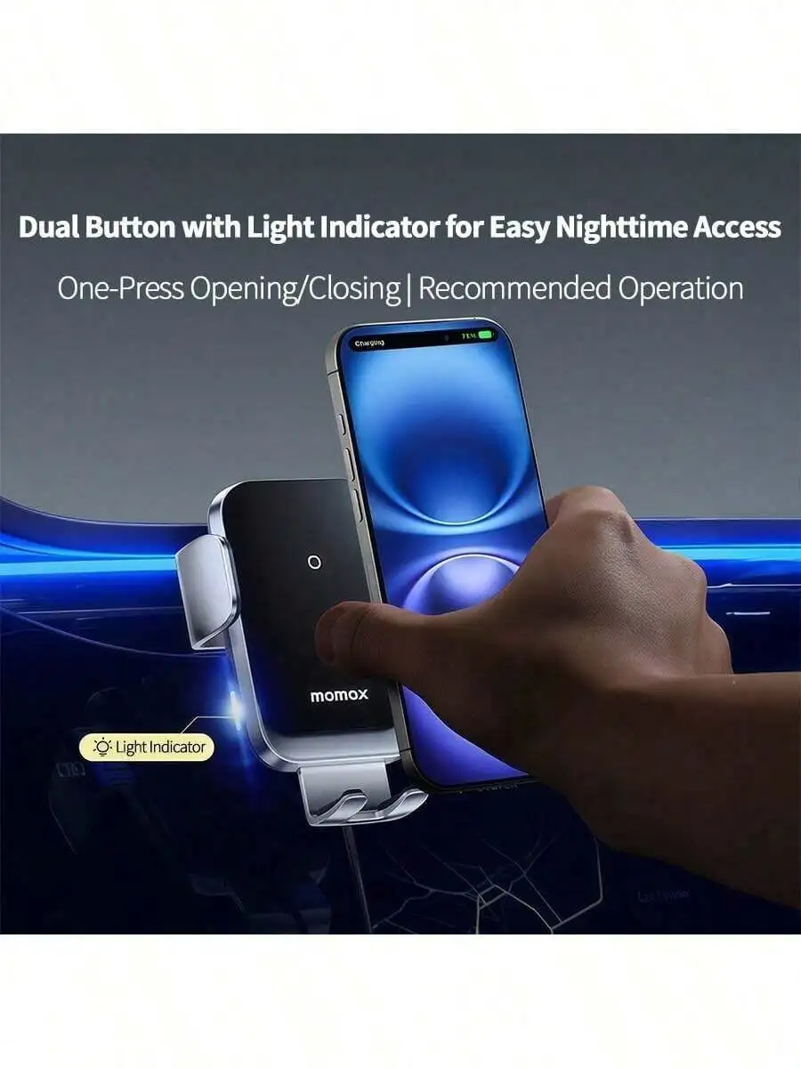 

Car Wireless Charging Mount With Dual Button And Light Indicator, 15W Fast Charging, Air Vent Mount, Black
