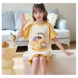 Sanrio New Pom Pom Purin Silk Pajamas Women's Cute Cartoon Comfortable Cool Breathable Lightweight Home Children's Pajamas