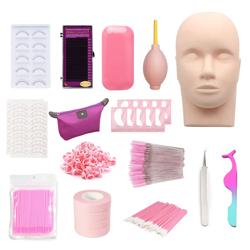 False Eyelash Extension Training Kit Practice Model Head Eye Pads Tweezers Glue Ring Brush Grafting Eyelash Tools Kit