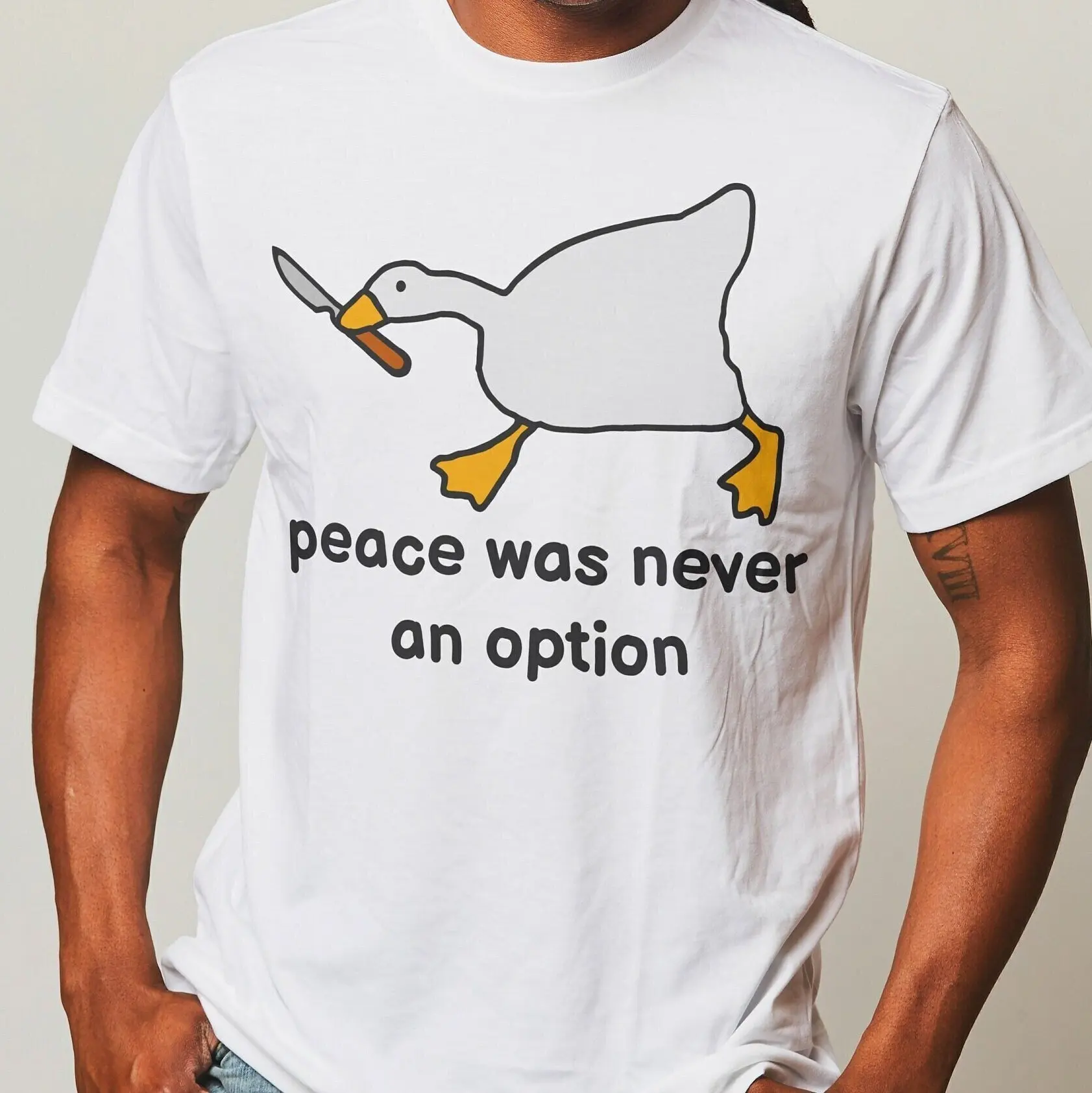 Peace Was Never An Option T Shirt Murder Duck Goose With Knife Art Funny Dark Humor Gag Novelty