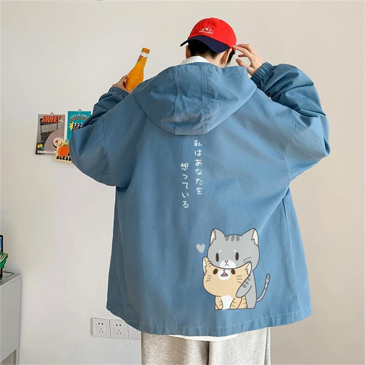 Cute Cat Print Jacket Boys Long Sleeve Loose Ins Harajuku Clothing Tops Streetwear Gothic Black Anime Bomber Jacket Men