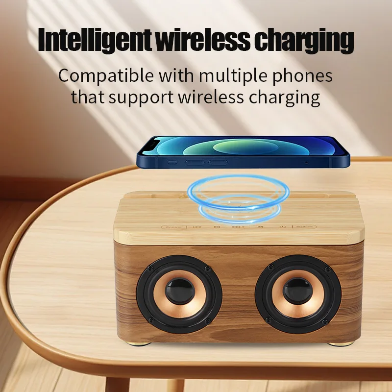 M100 Multi functional 15W Mobile Wireless Charging High end Wooden 12W Bluetooth Speaker FM Radio Alarm Clock TF Card Player