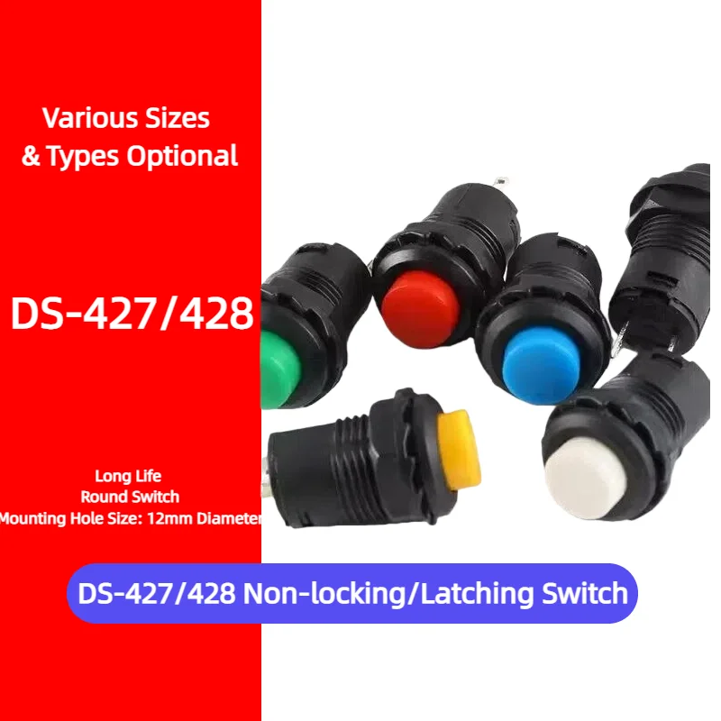 DS-427 DS-428 12mm Round Push Button Switch Self-reset/Latching Red Green White Yellow Black Blue Panel Control Part DIY
