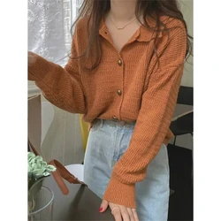 Sweet Fashion Autumn/Winter Sweaters Coat Women's Solid Lapel Screw Thread Button Korean Casual Long Sleeve Cardigan Knitted Top