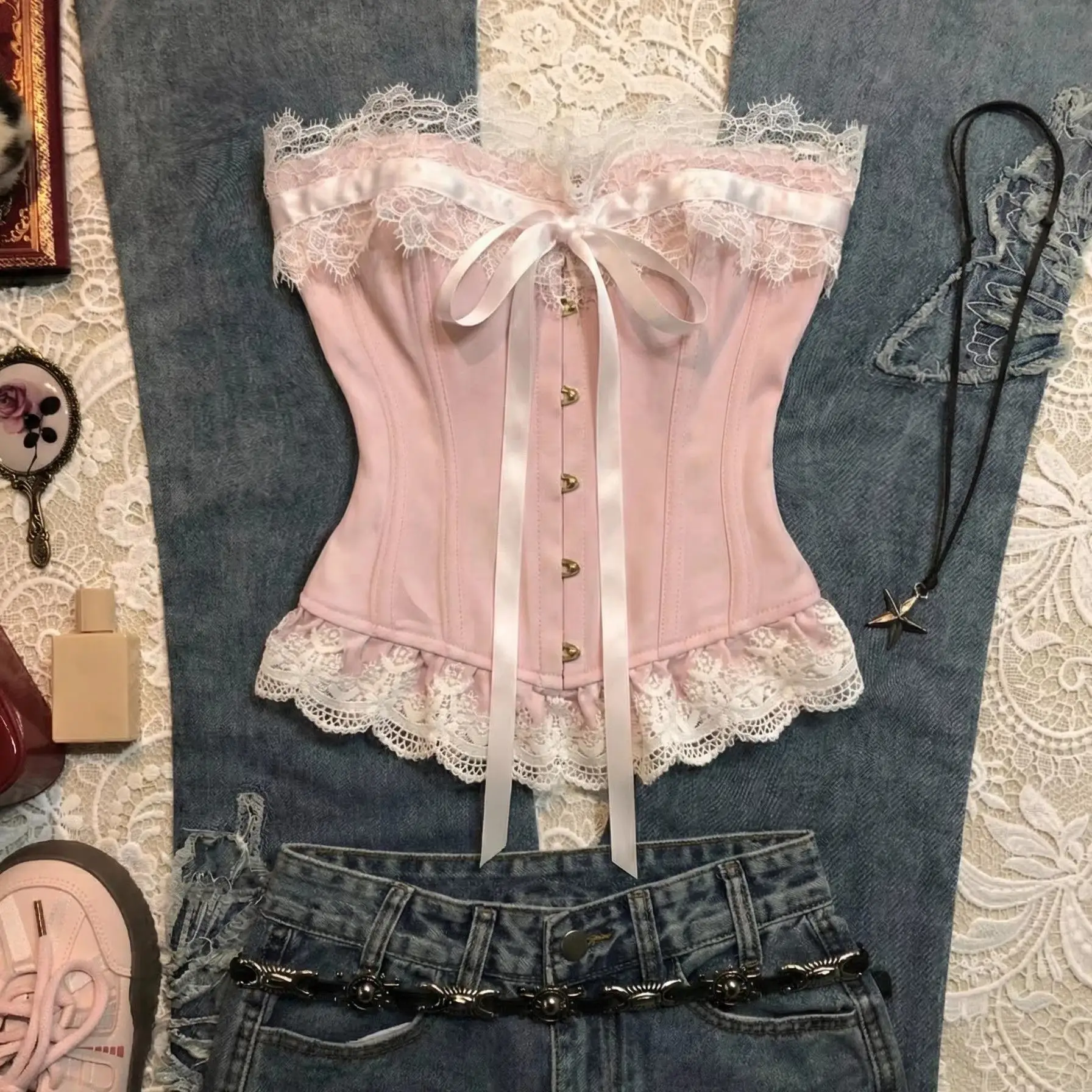 Underwear Vest Pink Lace Patchwork Strapless Top Bow Tie for Women Y2k Tanks & Camis Crochet Ropa Mujer Tank  Топ Fairy Grunge