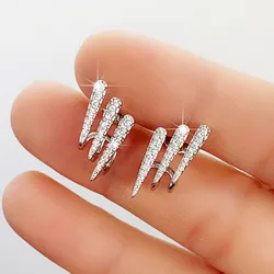 Huitan Simple Stylish Lady Stud Earrings Silver Color Geometric Three Lines Shape with CZ Exquisite Fashion Jewelry for Women