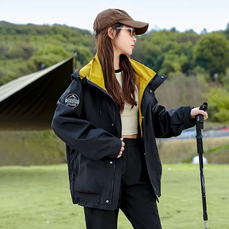 

Осень 202, женская уличная куртка для альпинизма, повседневное водонепроницаемое пальто, модная свободная зимняя куртка, пальто с воротником-стойкой и капюшоном