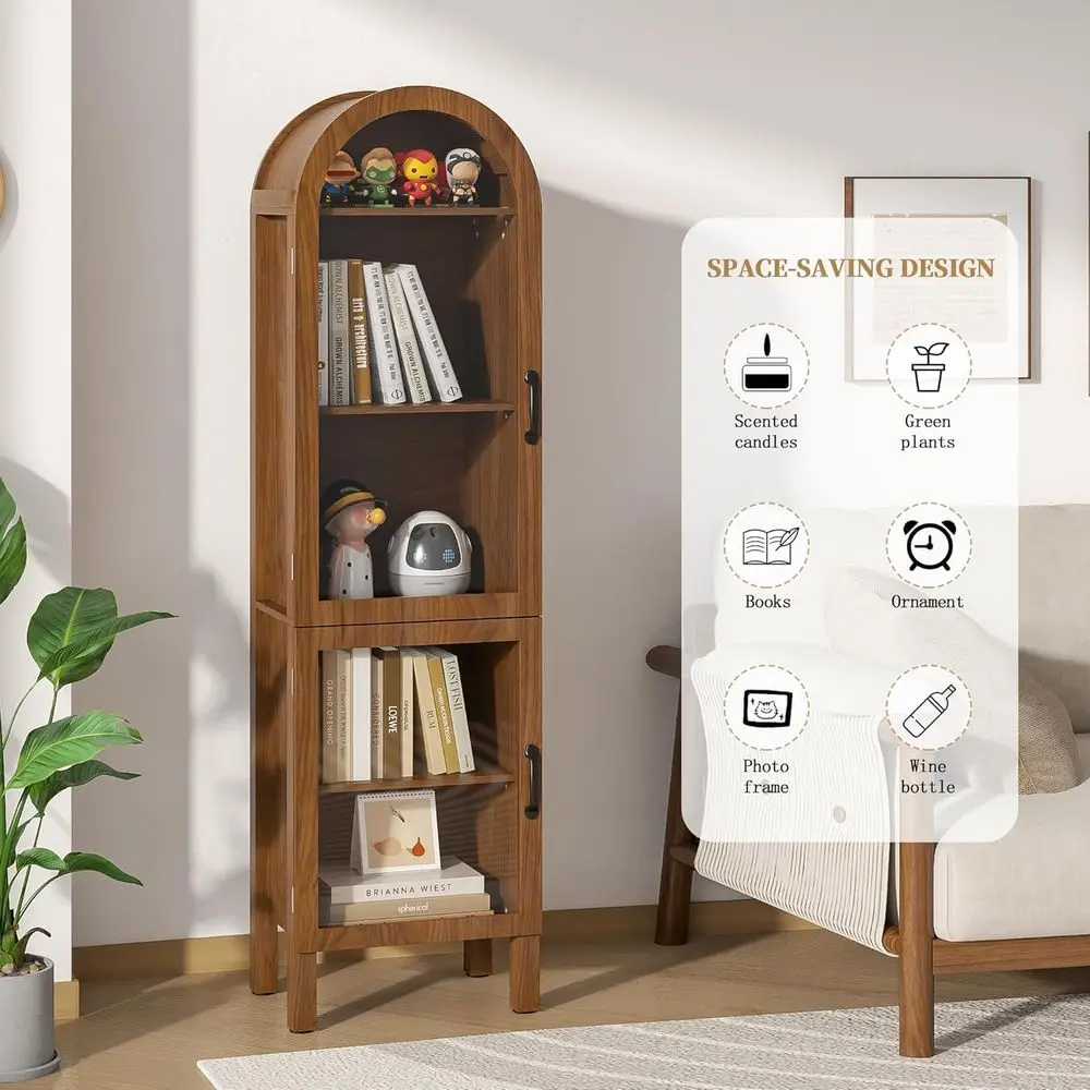 64.17 in Tall Arched Display Cabinet with Acrylic Glass Do5-Tier Kitchen Pantry Storage Cabiern Wood Curio Cabinet Bookcase or L view 5