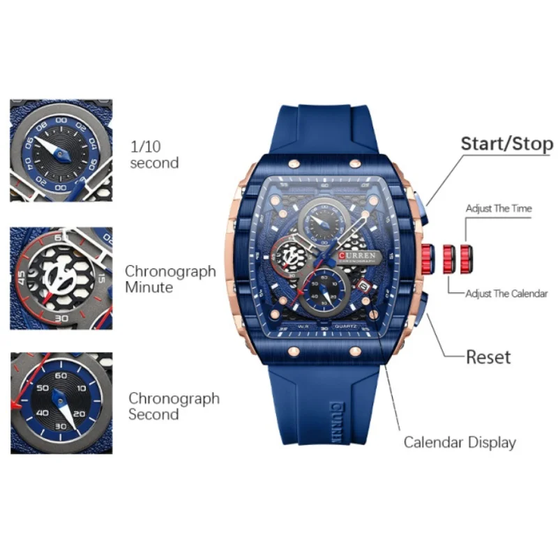 CURREN 8442 Fashion Men's Quartz Watch Skeleton Multifunction Chronograph Calendar Casual Clock Sports Watches Men reloj hombre